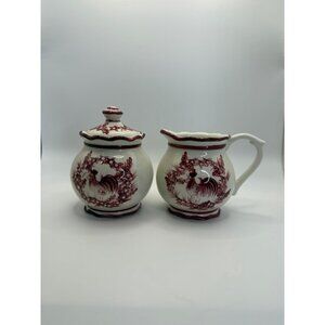 Vintage Rooster Cream and Sugar Set, Red White Young's